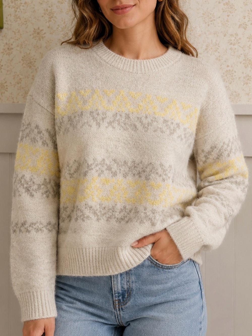 Lucky Brand Cream Crewneck Sweater with Pale Yellow & Gray Fair Isle